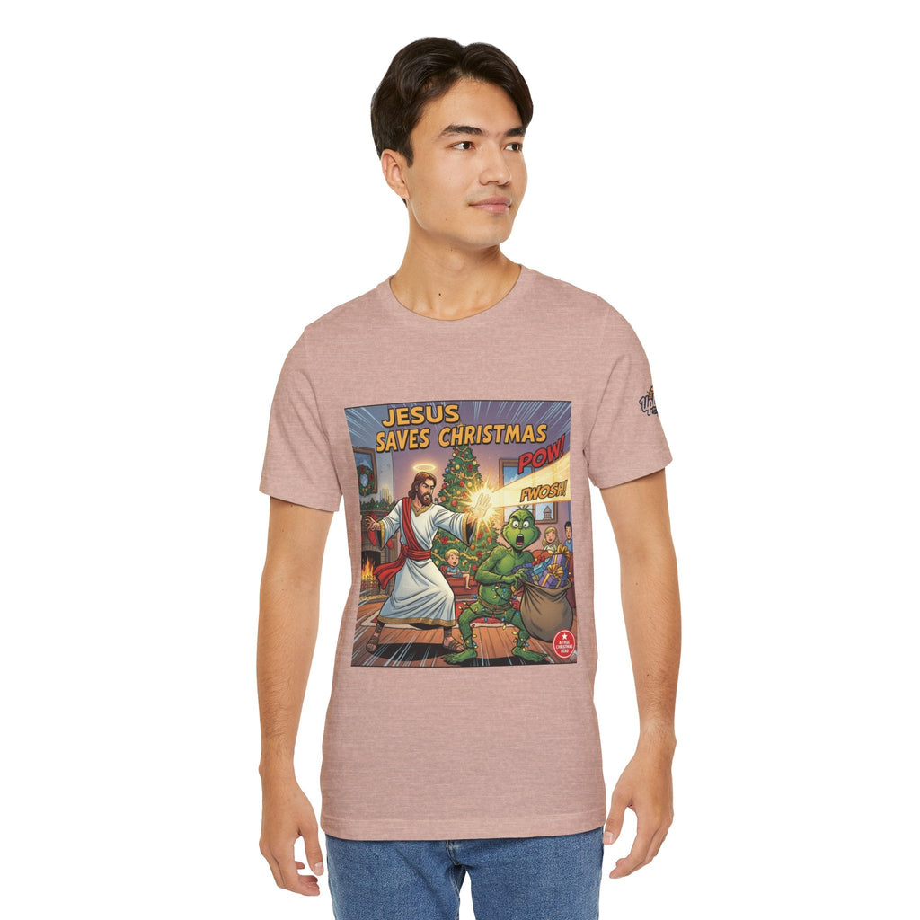 Jesus Saves Christmas T-shirt – Grinch vs Savior Light Battle Christian T-shirt for Hilarious Holiday Faith & True Joy Printify