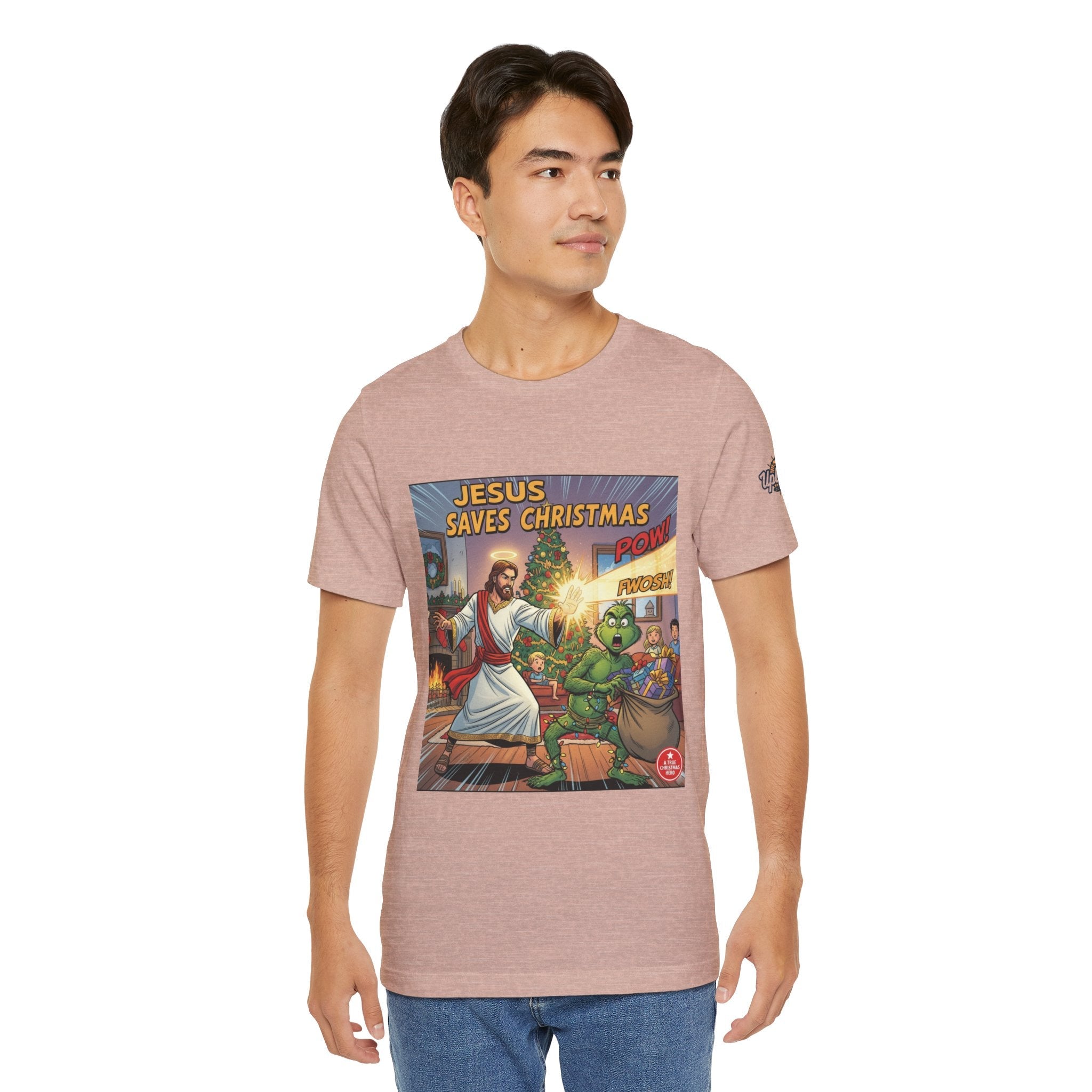 Jesus Saves Christmas T-shirt – Grinch vs Savior Light Battle Christian T-shirt for Hilarious Holiday Faith & True Joy Printify