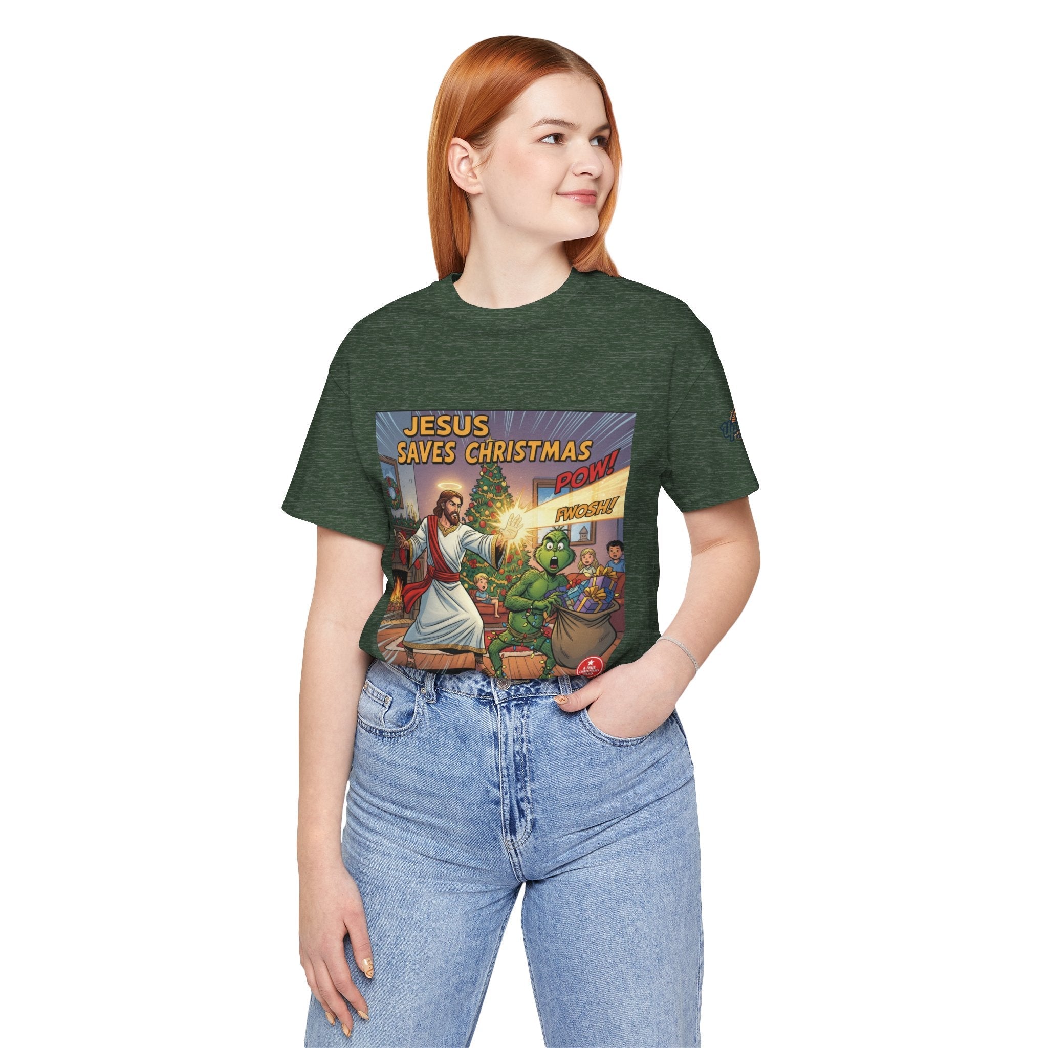 Jesus Saves Christmas T-shirt – Grinch vs Savior Light Battle Christian T-shirt for Hilarious Holiday Faith & True Joy Printify