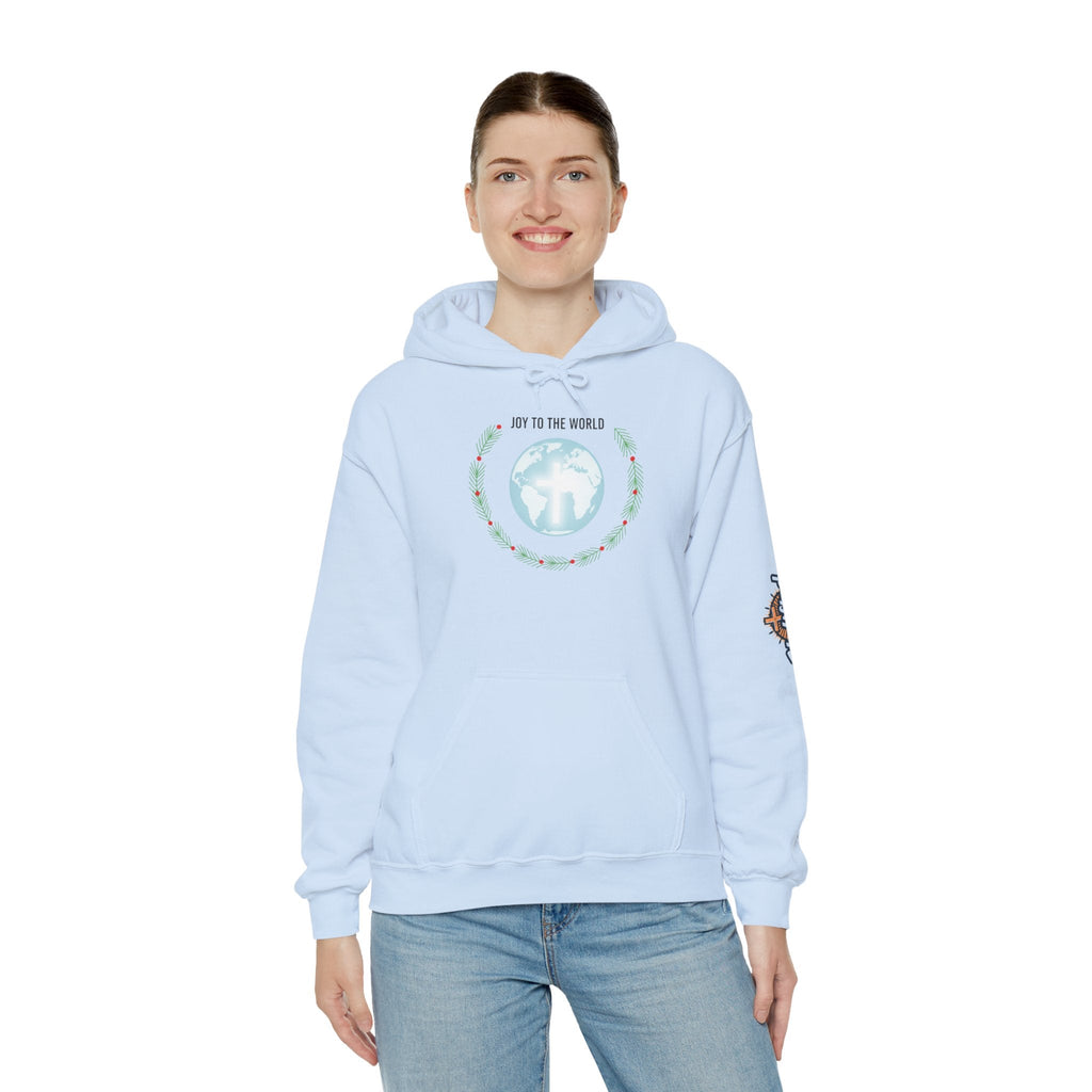 Joy to the World Hoodie – Wreath Earth Nativity Christian Christmas Sweatshirt for Isaiah 9:6 Holiday Faith & Festive Joy Printify