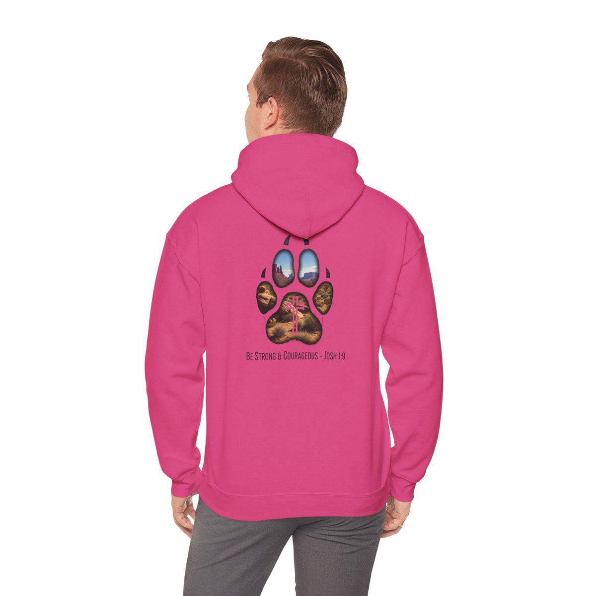 Strong and Courageous Hoodie – Joshua 1:9 Canine Pawprint Desert Christian Hoodie for Dog Lovers Printify