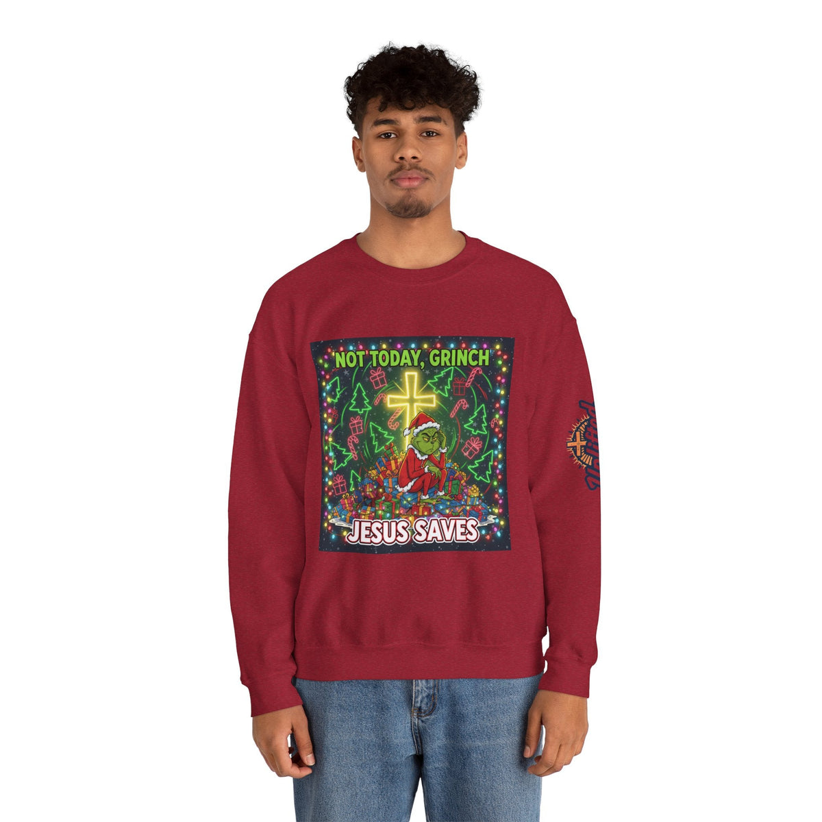 🎄 Not Today, Grinch – Jesus Saves | Funny Christian Christmas Sweatshirt | Festive Green & Red Cartoon Style | Bold Faith Holiday Tee by Uplifted Gear Printify