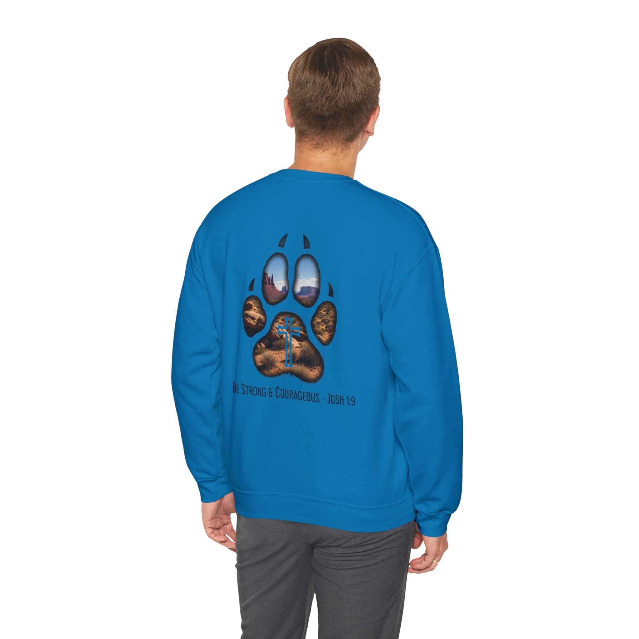 Strong and Courageous Sweatshirt – Joshua 1:9 Canine Pawprint Desert Christian Sweatshirt for Dog Lovers Printify