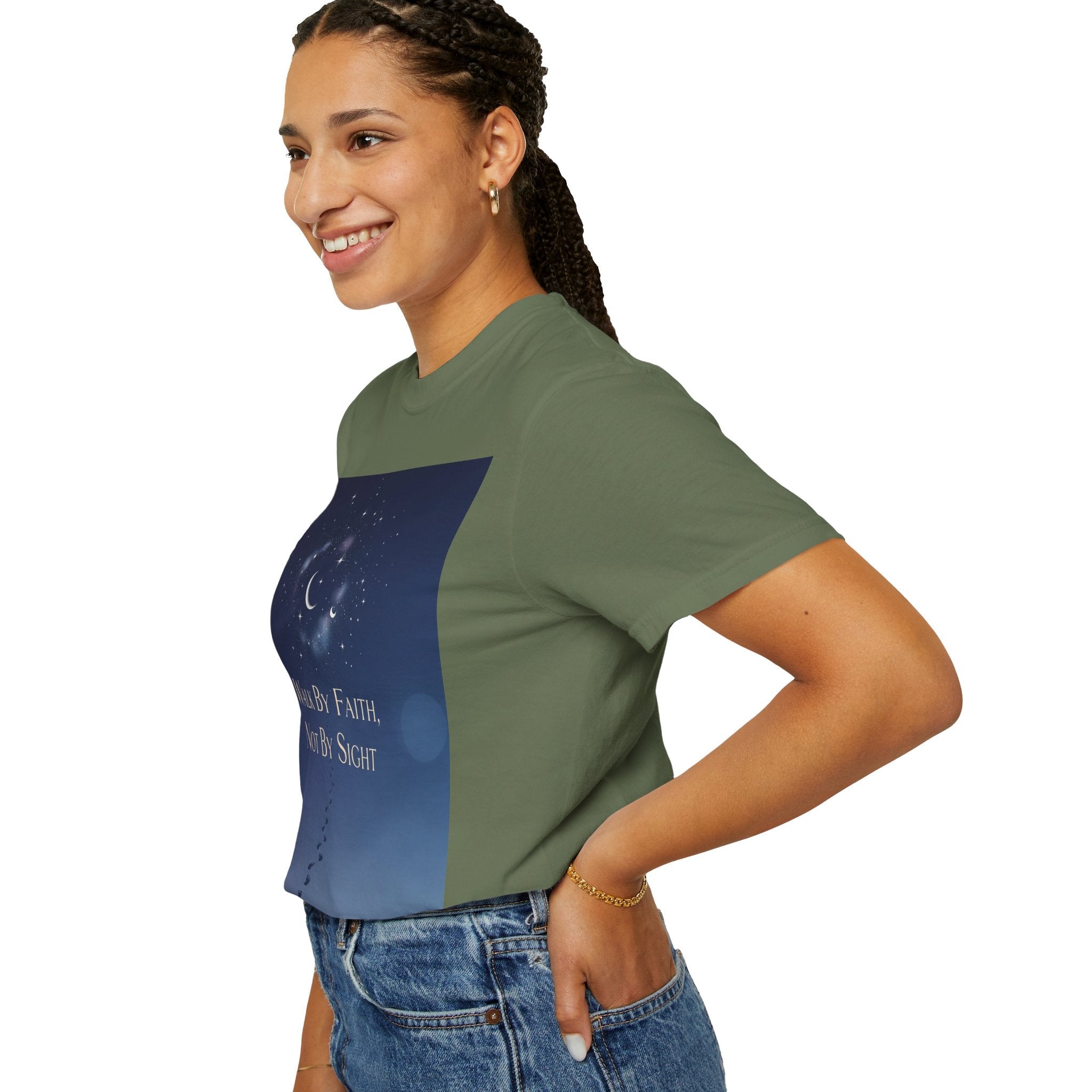 Walk by Faith, Not by Sight T-Shirt – Footprints in the Sand Christian Moonlit Tee Printify