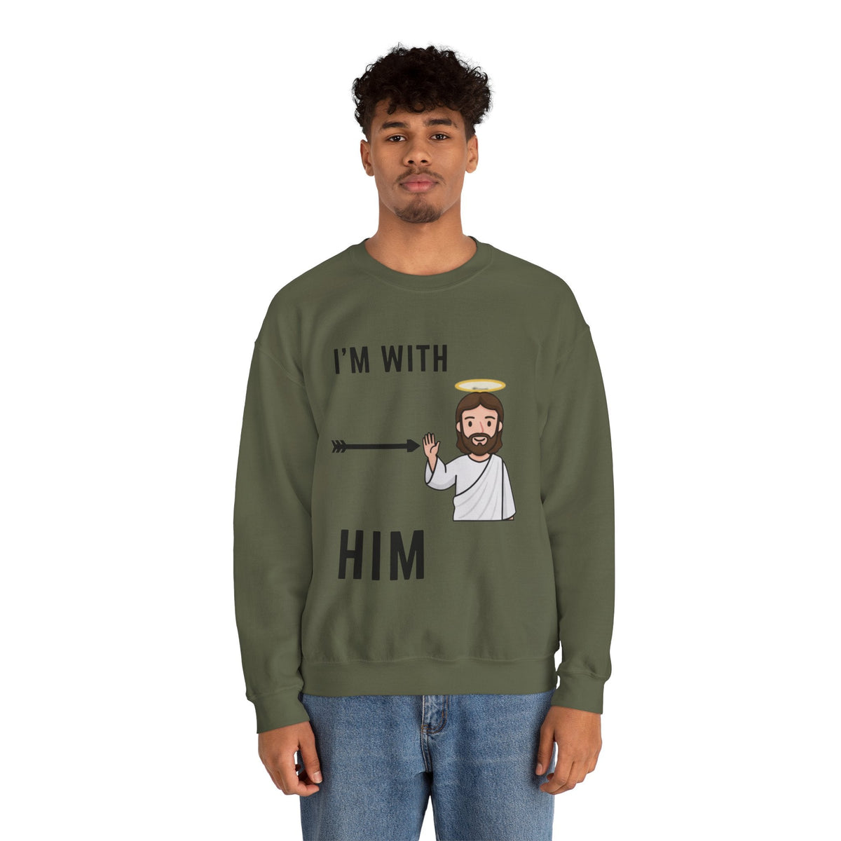 🔥 I’m With Him → Christian Sweatshirt | Arrow Pointing to Jesus | Minimalist Faith Tee | Subtle Cross Design | Bible-Inspired Apparel by Uplifted Gear Printify