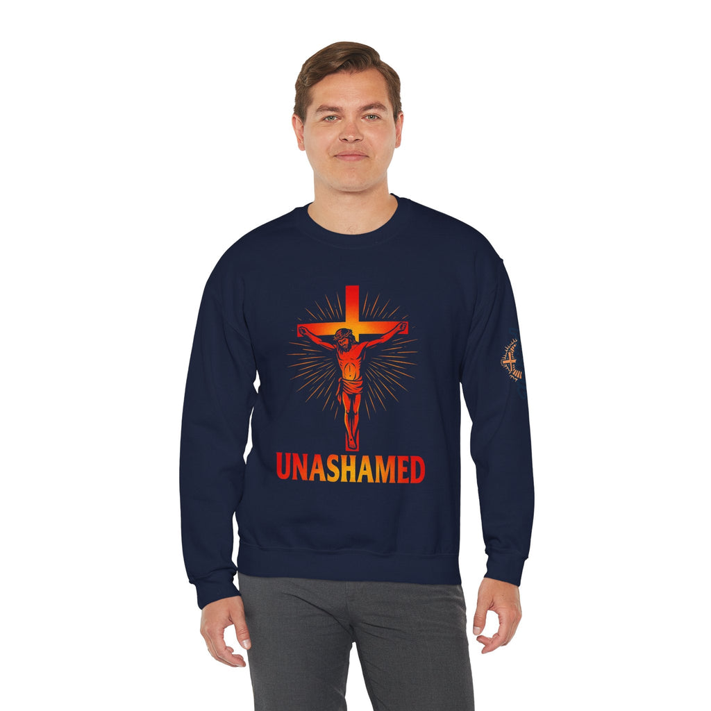 Unashamed Sweatshirt – Romans 1:16 Crucifixion Christian Sweatshirt for Bold Unwavering Faith Printify