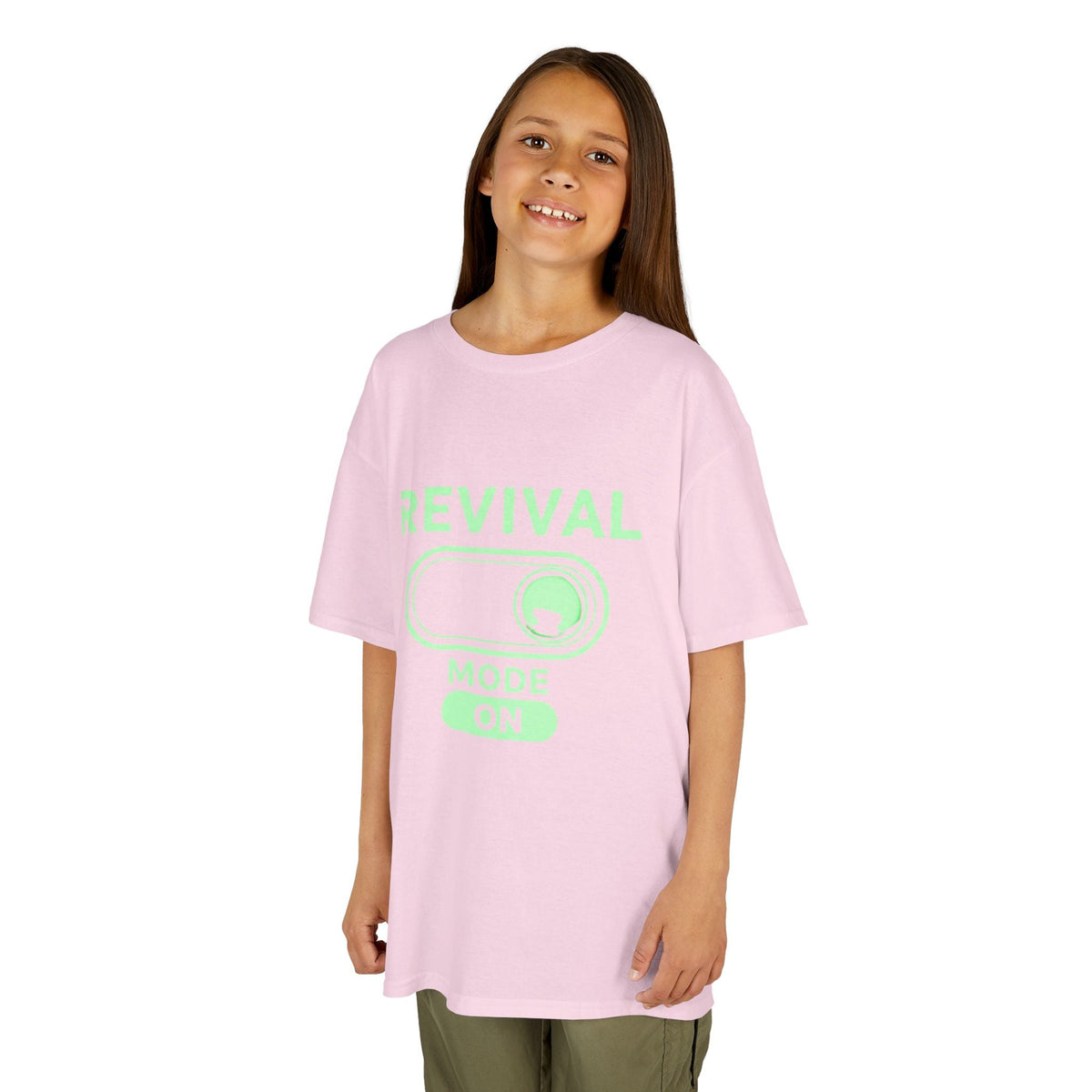 🔥 Revival Mode: ON – Christian Techwear Kids T-Shirt | Glowing Green Faith Switch | Futuristic Jesus Shirt | Activate Your Spiritual Awakening | Uplifted Gear Printify