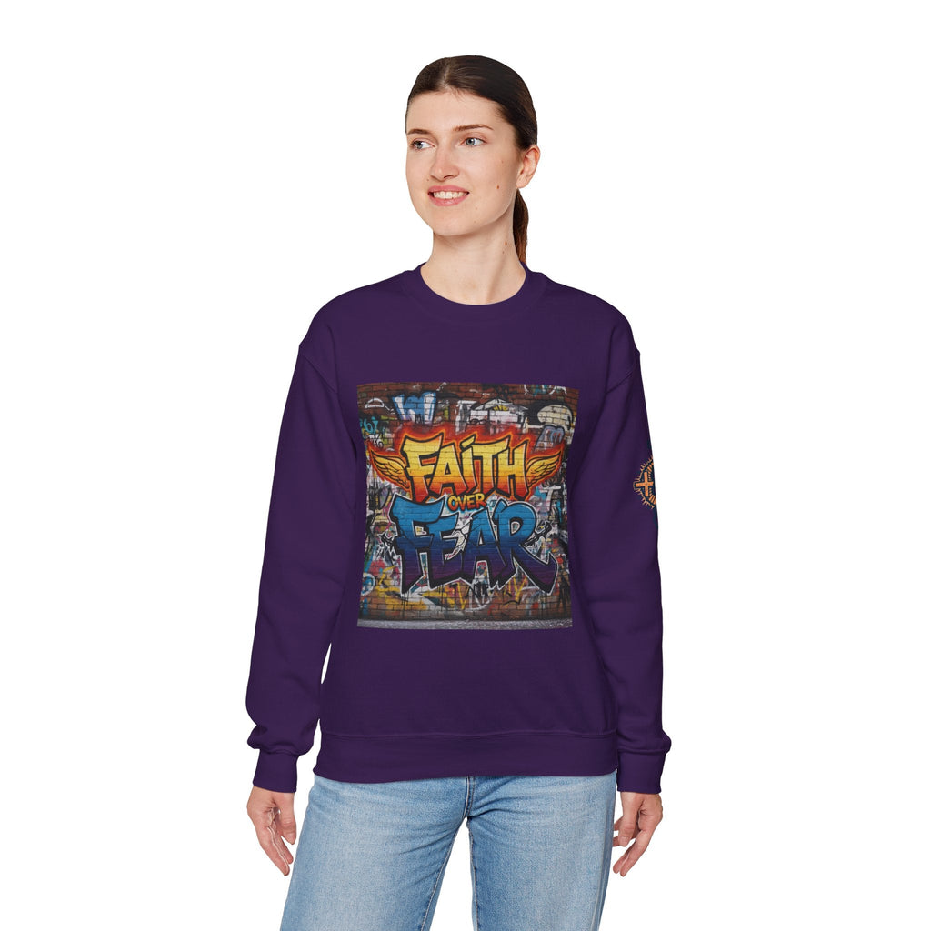 Faith Over Fear Sweatshirt – Graffiti Wall Christian Sweatshirt for Bold 2 Corinthians 5:7 Streetwear & Unshakable Faith Printify