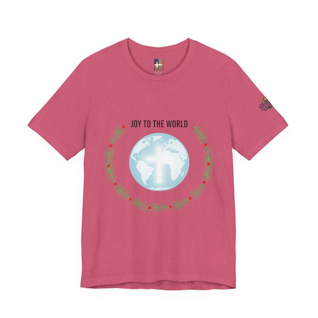 Joy to the World T-shirt – Wreath Earth Nativity Christian Christmas T-shirt for Isaiah 9:6 Holiday Faith & Festive Joy Printify