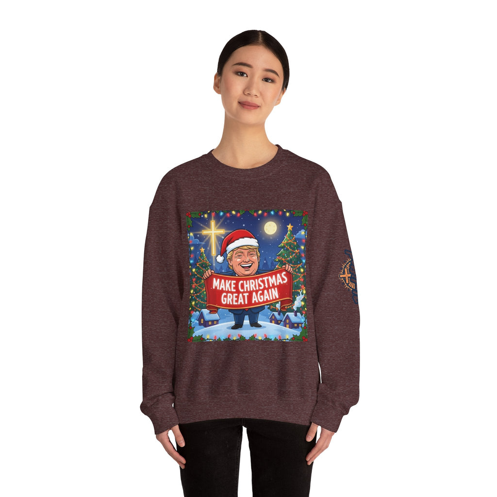 🎄 Make Christmas Great Again – Patriotic Christian Christmas Sweatshirt | Bold Holiday Faith Tee | Red & White Banner Design | Uplifted Gear Printify