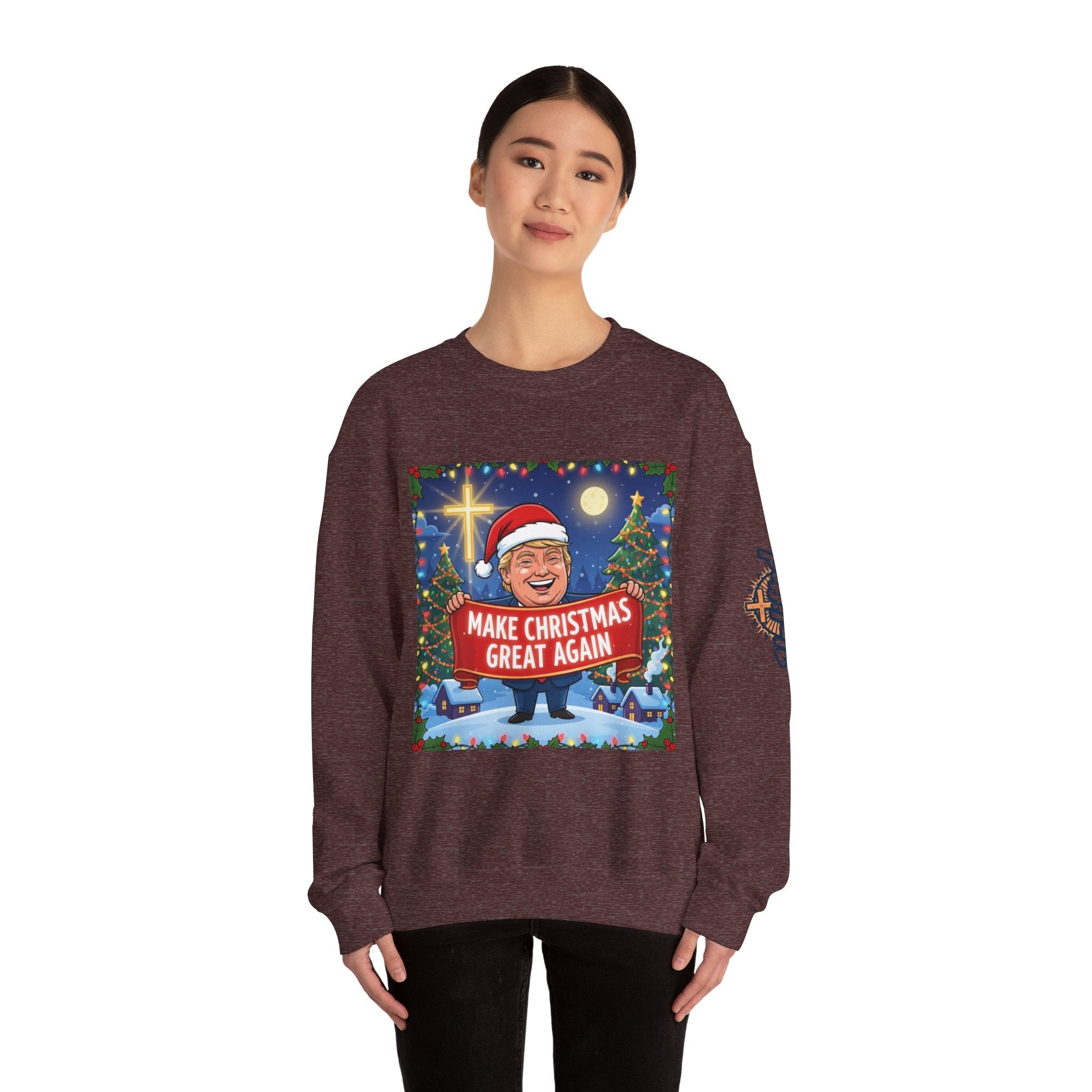 🎄 Make Christmas Great Again – Patriotic Christian Christmas Sweatshirt | Bold Holiday Faith Tee | Red & White Banner Design | Uplifted Gear Printify
