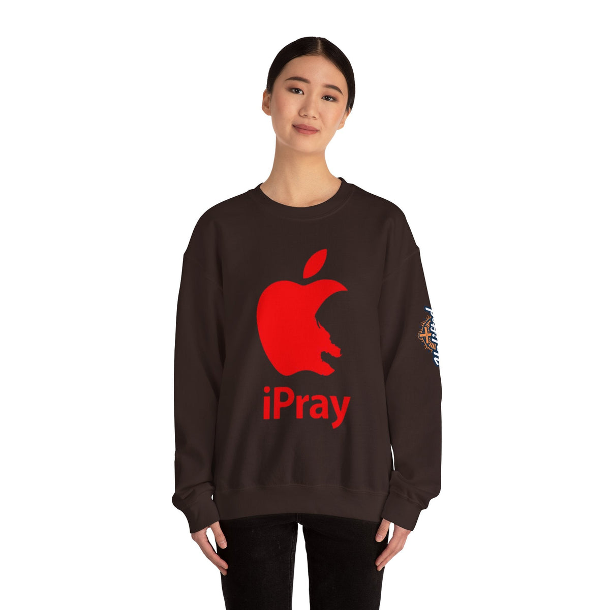 iPray Apple Logo Sweatshirt — Funny Christian Sweatshirt (Minimal Red Apple Graphic) Printify