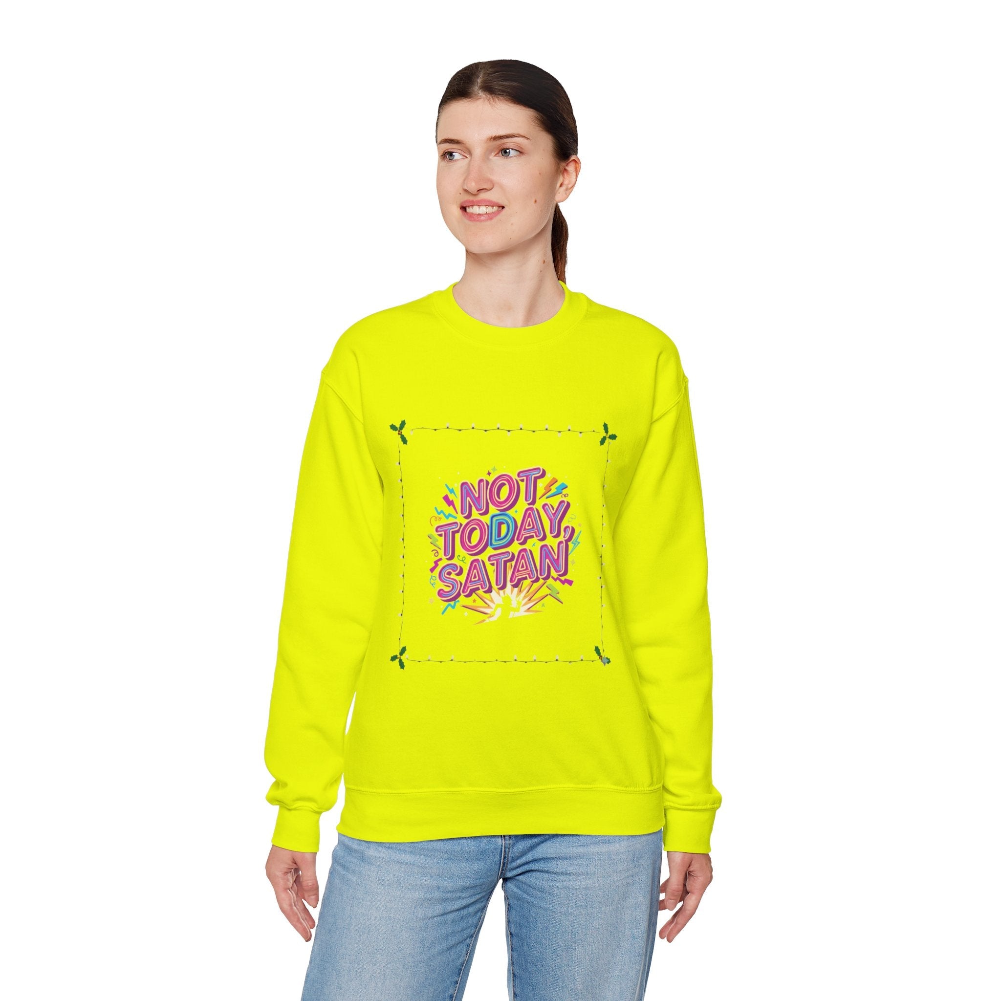 🔥 Not Today, Satan – Retro 90s Christian Sweatshirt | Neon Faith Tee | Funky Cartoon Devil | Bold Bible Verse Shirt | Uplifted Gear Printify