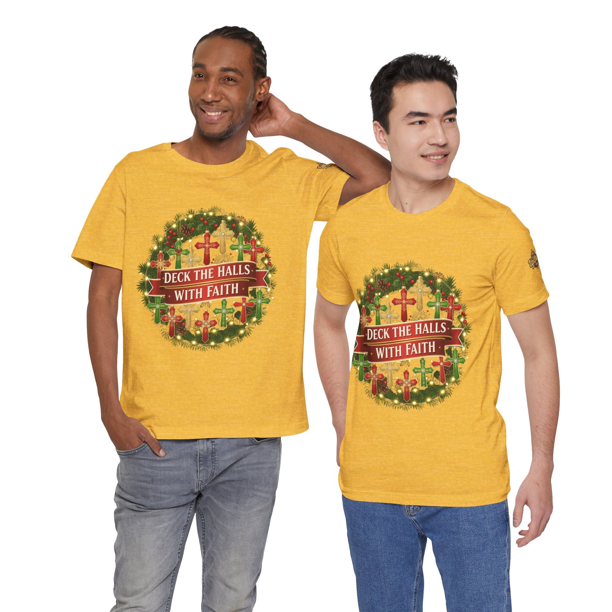 🎄 Deck the Halls with Faith – Christian Christmas T-Shirt | Cross Ornament Design & Festive Garland | Bold Holiday Faith Tee by Uplifted Gear Printify