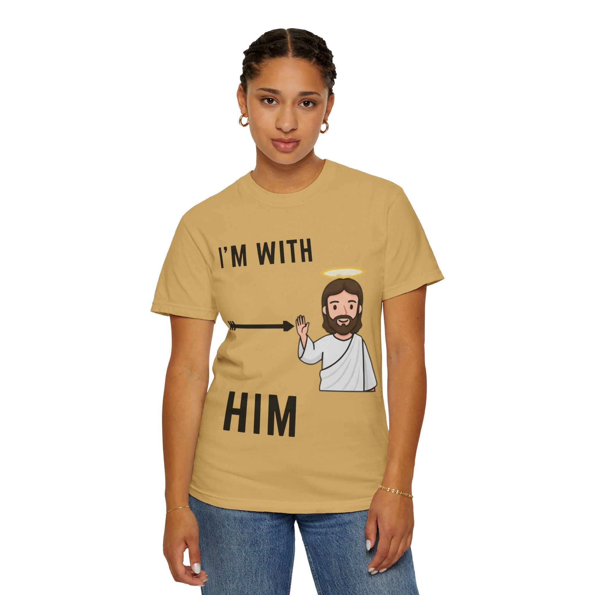 🔥 I’m With Him → Christian T-Shirt | Arrow Pointing to Jesus | Minimalist Faith Tee | Subtle Cross Design | Bible-Inspired Apparel by Uplifted Gear Printify