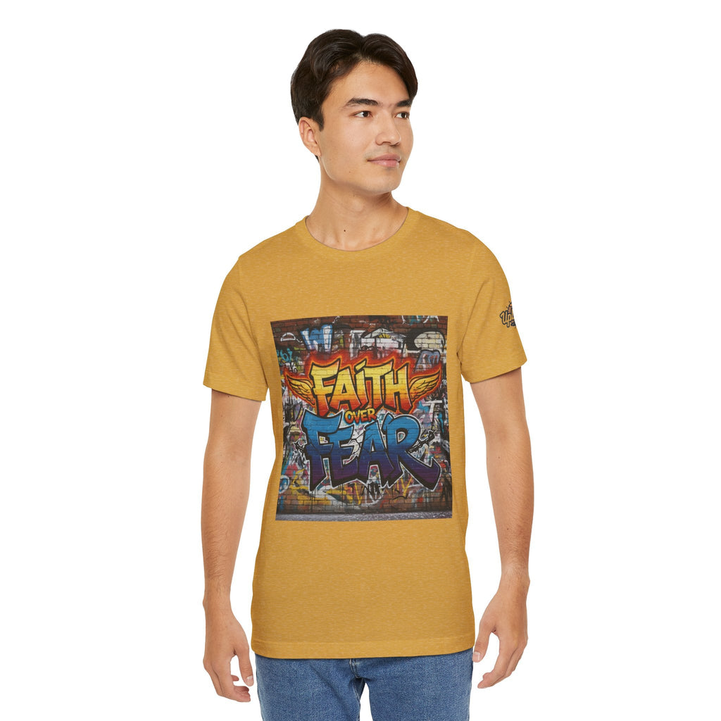 Faith Over Fear T-shirt – Graffiti Wall Christian T-shirt for Bold 2 Corinthians 5:7 Streetwear & Unshakable Faith Printify