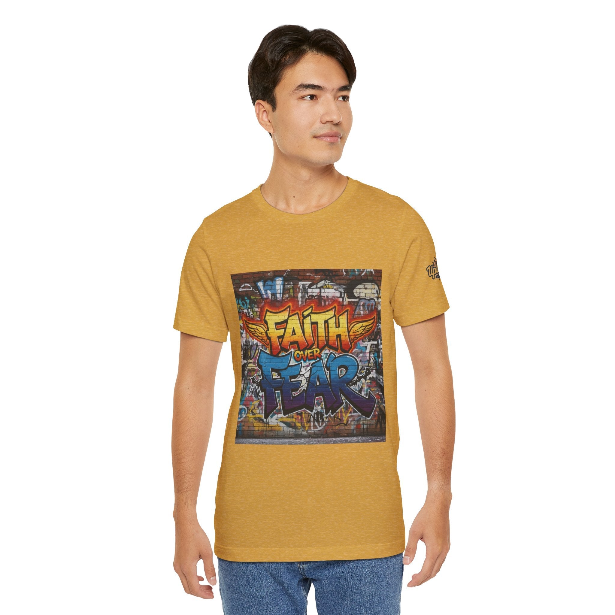 Faith Over Fear T-shirt – Graffiti Wall Christian T-shirt for Bold 2 Corinthians 5:7 Streetwear & Unshakable Faith Printify