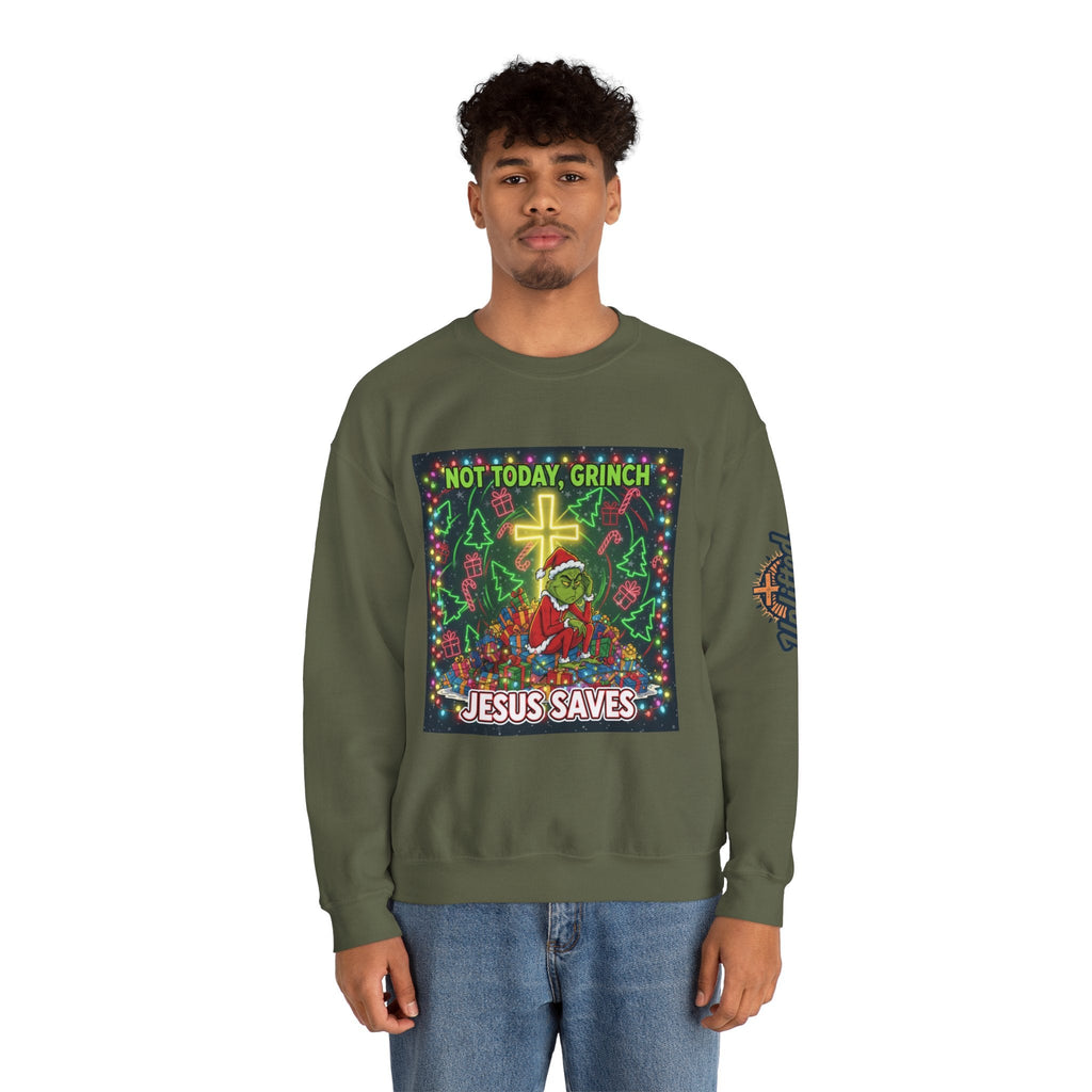 🎄 Not Today, Grinch – Jesus Saves | Funny Christian Christmas Sweatshirt | Festive Green & Red Cartoon Style | Bold Faith Holiday Tee by Uplifted Gear Printify