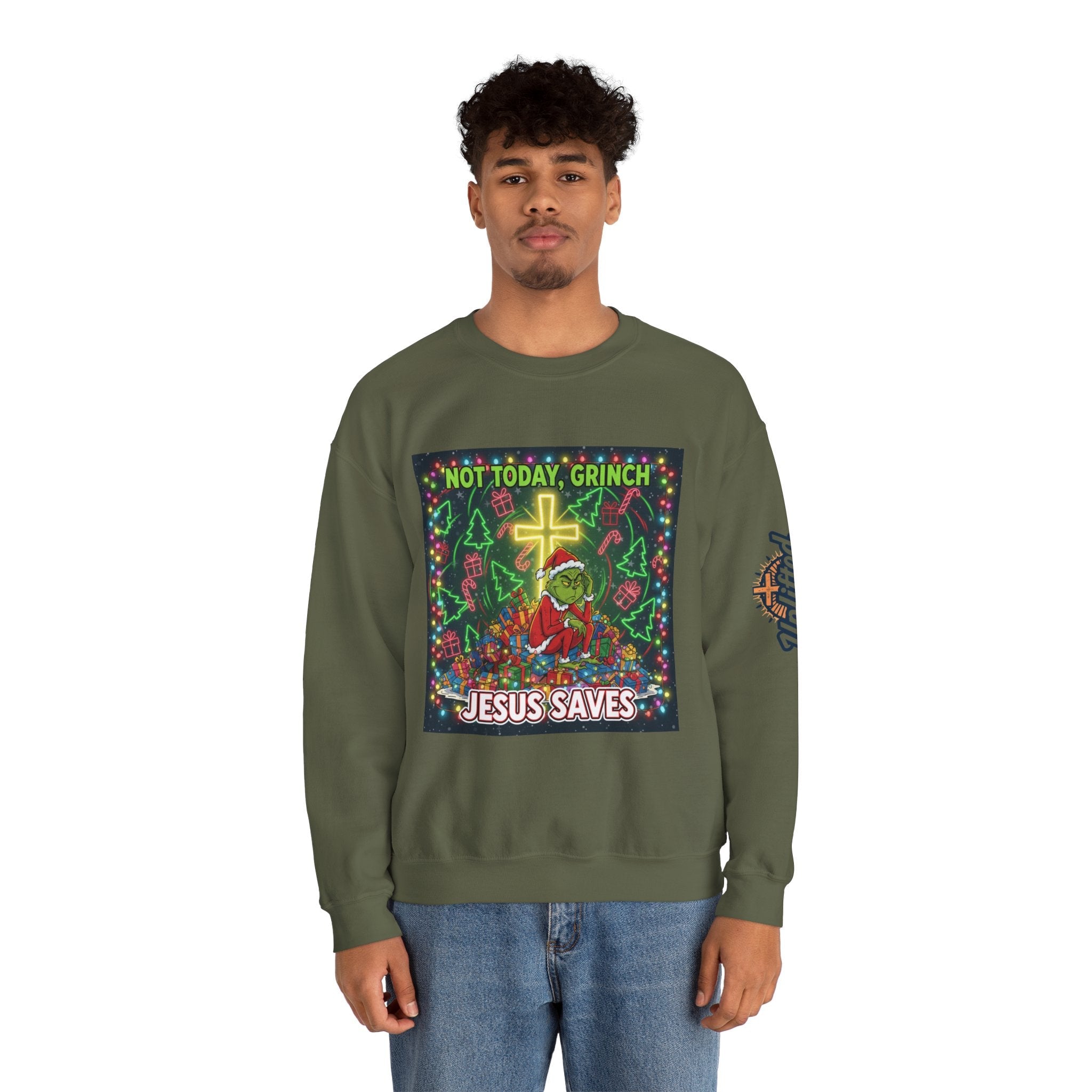 🎄 Not Today, Grinch – Jesus Saves | Funny Christian Christmas Sweatshirt | Festive Green & Red Cartoon Style | Bold Faith Holiday Tee by Uplifted Gear Printify