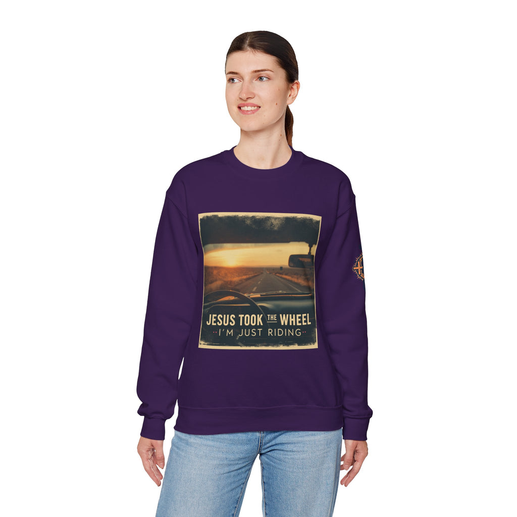 Jesus Took the Wheel I'm Just Riding Sweatshirt – Funny Christian Convertible Car Sweatshirt for Surrendered Faith & Humor
