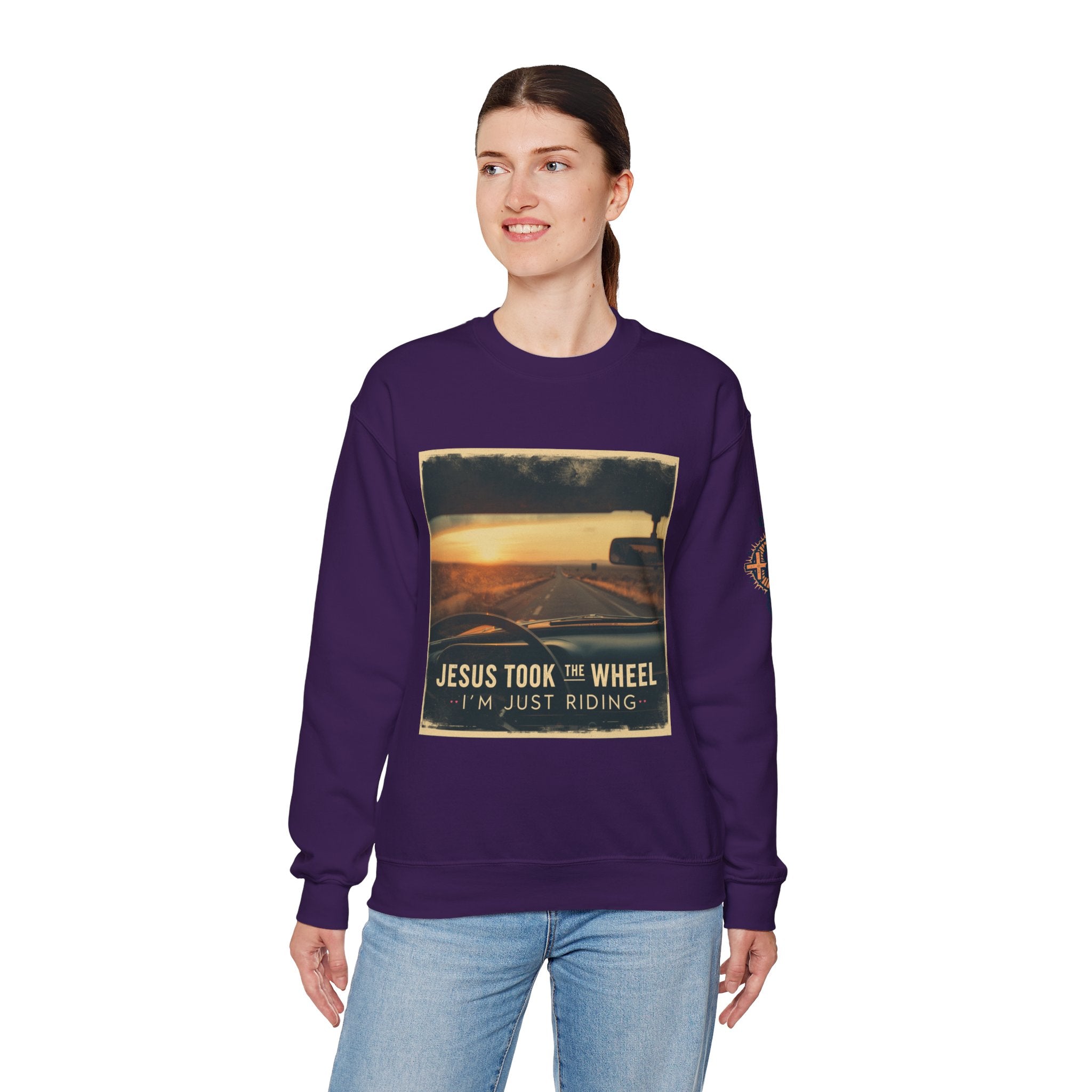 Jesus Took the Wheel I'm Just Riding Sweatshirt – Funny Christian Convertible Car Sweatshirt for Surrendered Faith & Humor