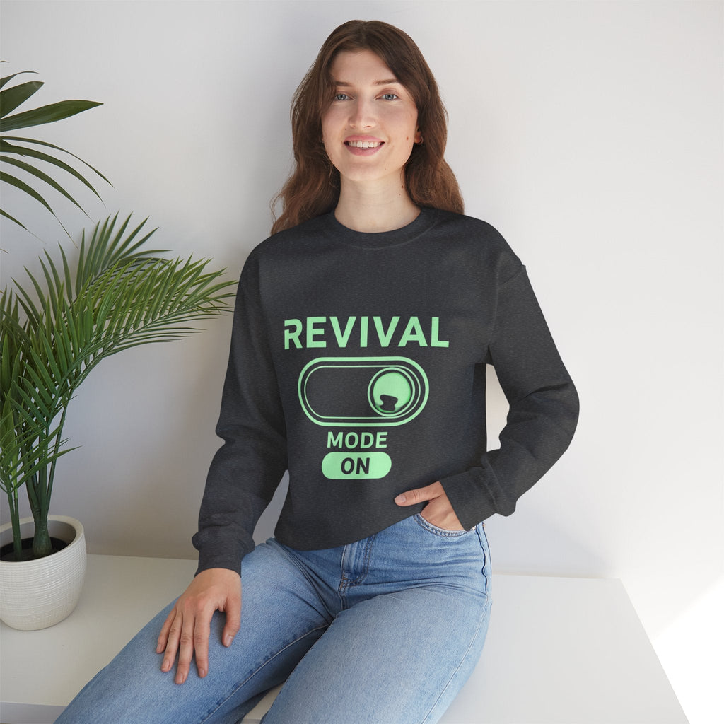 🔥 Revival Mode: ON – Christian Techwear Sweatshirt | Glowing Green Faith Switch | Futuristic Jesus Shirt | Activate Your Spiritual Awakening | Uplifted Gear Printify