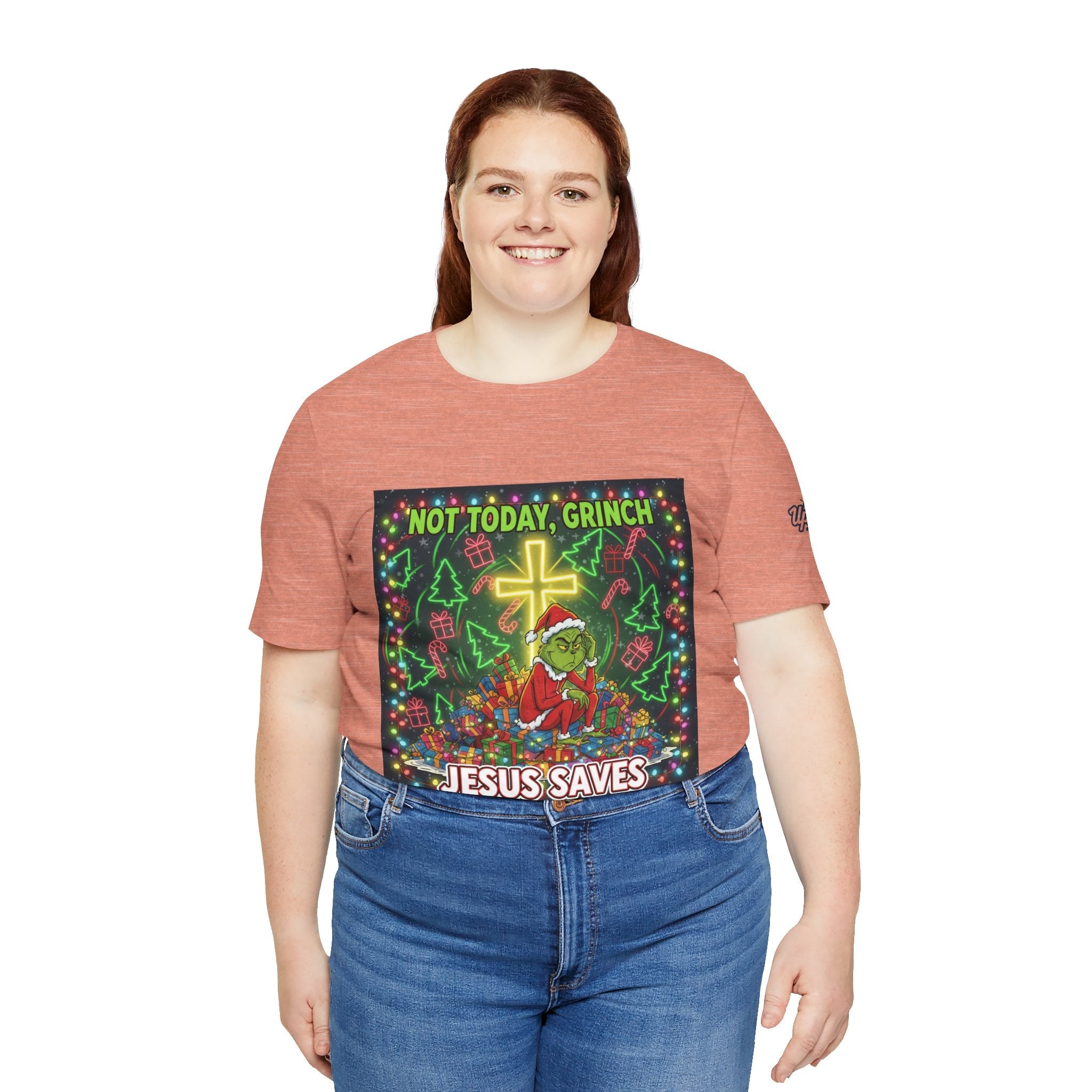 🎄 Not Today, Grinch – Jesus Saves | Funny Christian Christmas T-Shirt | Festive Green & Red Cartoon Style | Bold Faith Holiday Tee by Uplifted Gear Printify