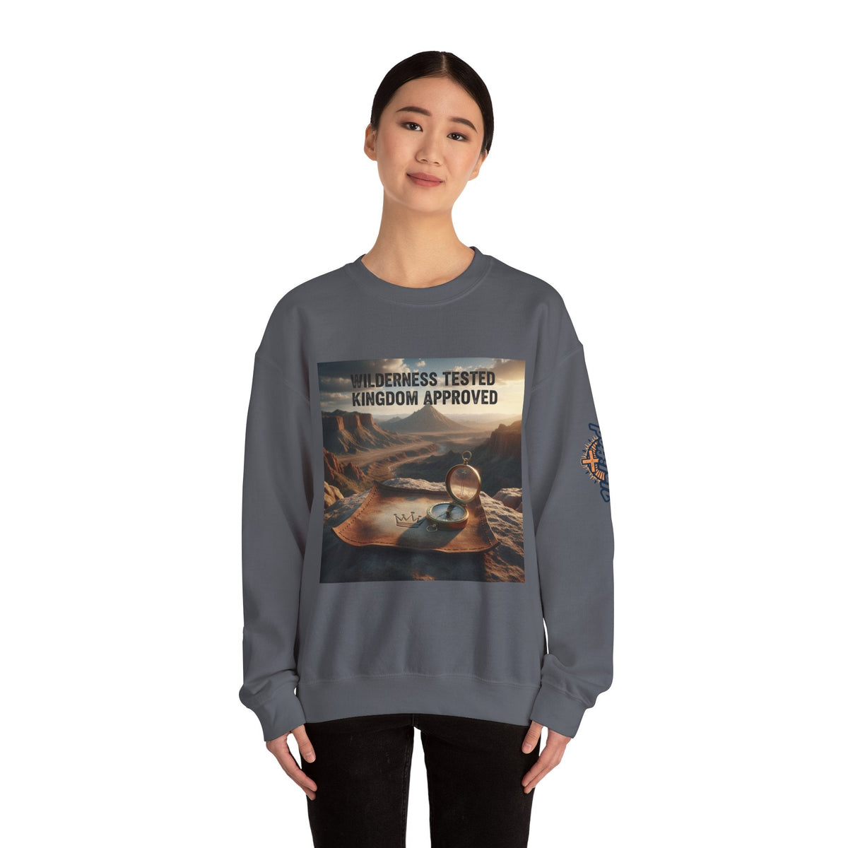 Wilderness Tested Kingdom Approved Sweatshirt – Mountain Desert Compass Crown Christian Sweatshirt for Biblical Adventure Faith Printify