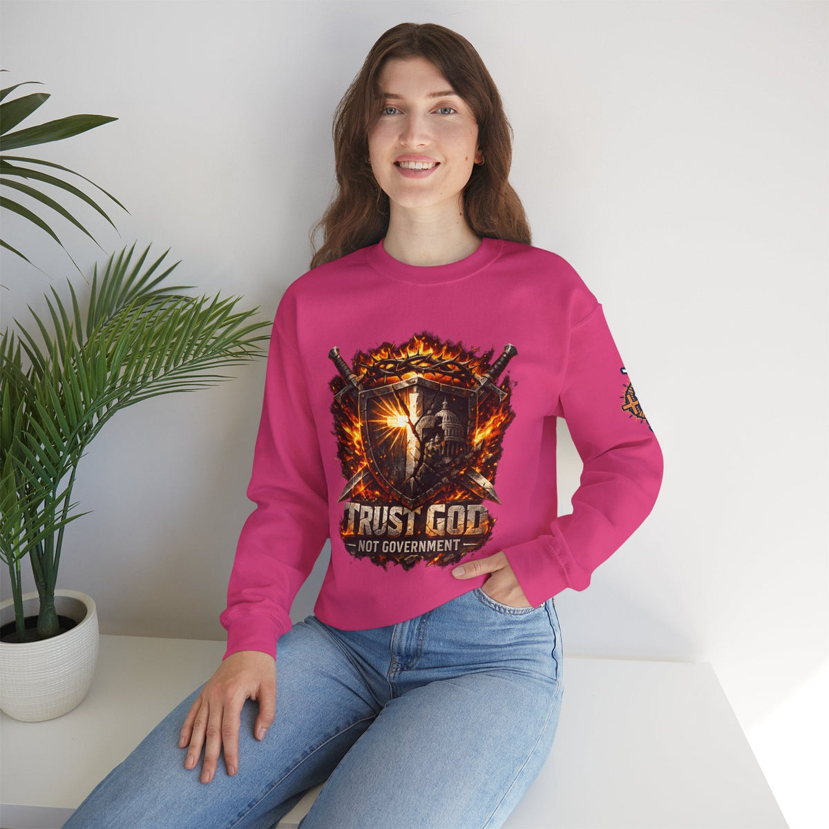 Trust God Not Government Shield Sweatshirt — Patriotic Christian Faith Sweatshirt Printify