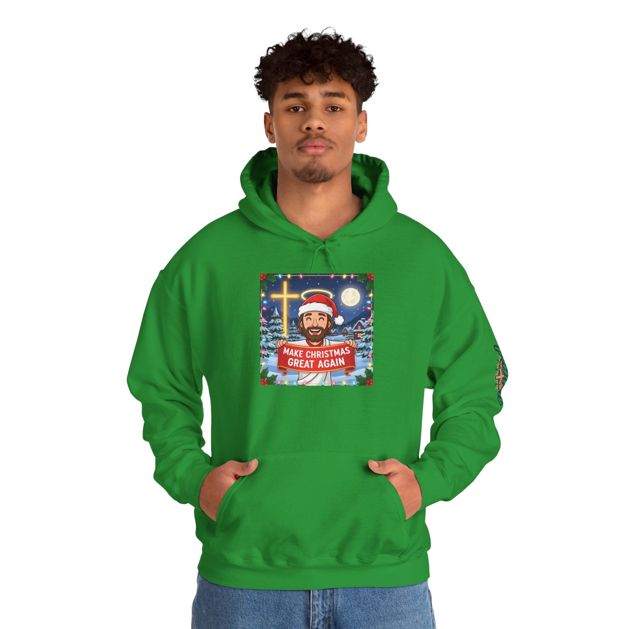 🎄 Make Christmas Great Again – Funny Christian Hoodie | Jesus Holding Banner | Faith-Based Holiday Parody Tee | Uplifted Gear Printify