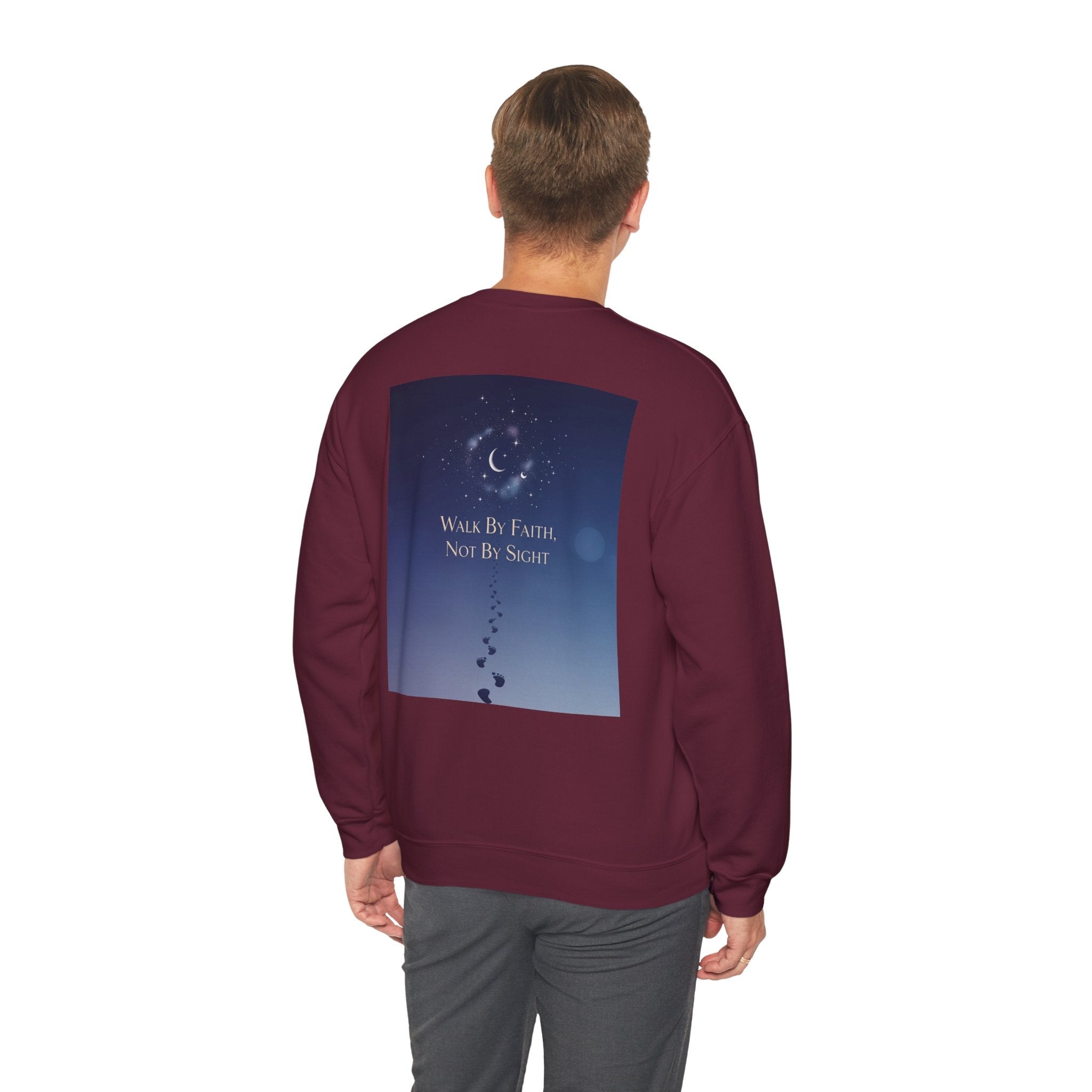 Walk by Faith, Not by Sight Sweatshirt – Moonlit Footprints Christian Sweatshirt for Cozy Nights Printify