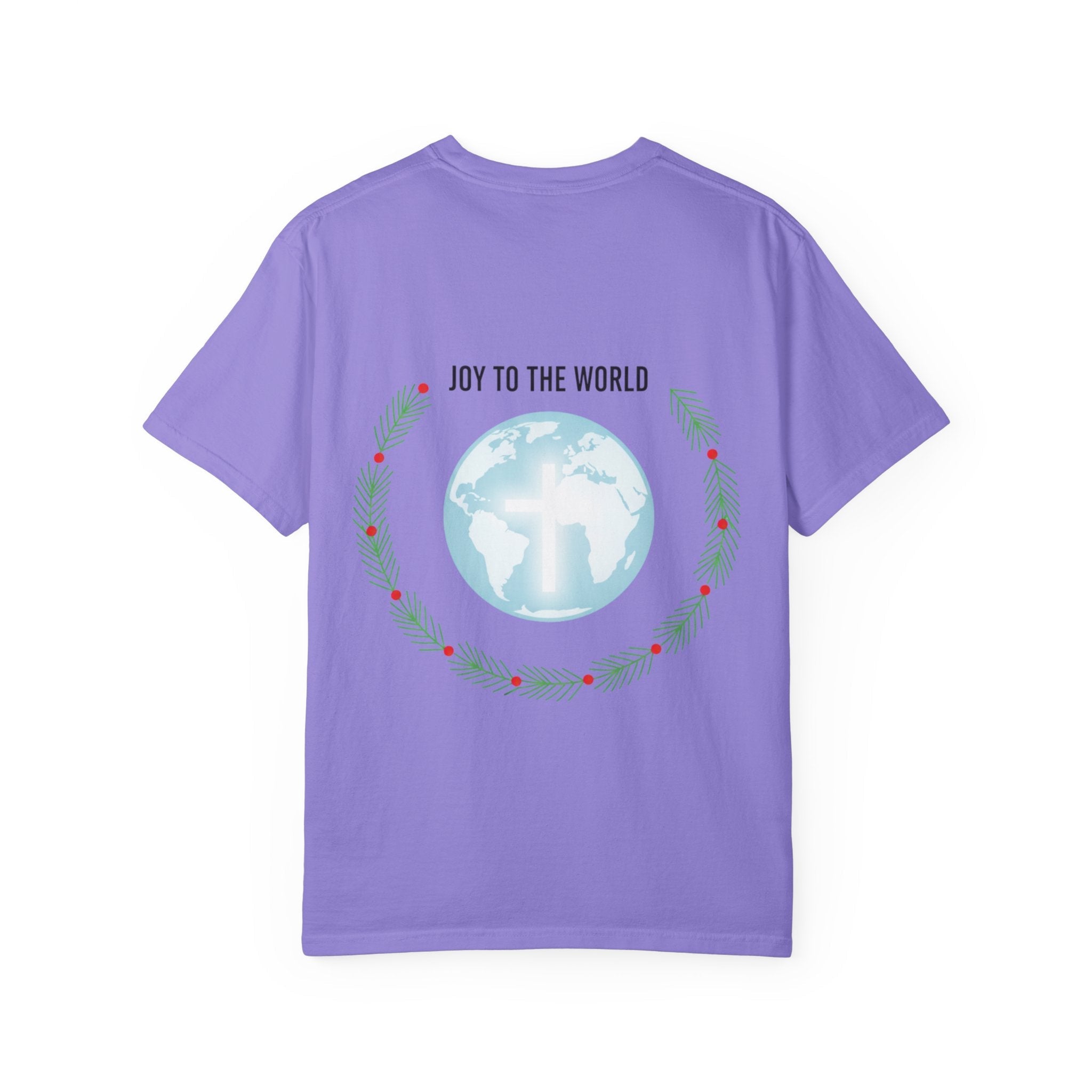 Joy to the World T-shirt – Wreath Earth Nativity Christian Christmas T-shirt for Isaiah 9:6 Holiday Faith & Festive Joy Printify