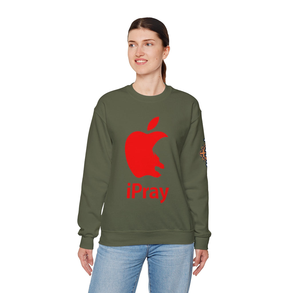 iPray Apple Logo Sweatshirt — Funny Christian Sweatshirt (Minimal Red Apple Graphic) Printify