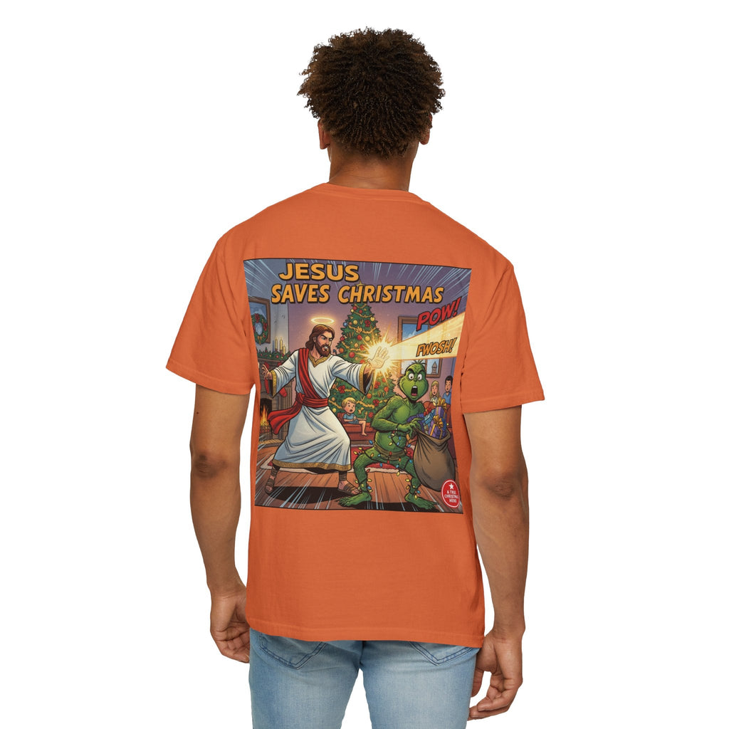 Jesus Saves Christmas T-shirt – Grinch vs Savior Light Battle Christian T-shirt for Hilarious Holiday Faith & True Joy Printify