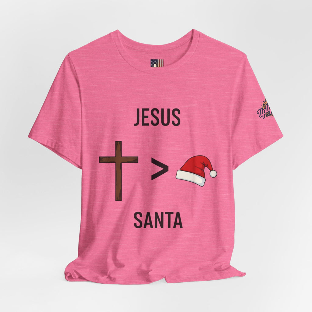 🎄 Jesus > Santa – Minimalist Christian Christmas T-Shirt | Bold Faith Over Holiday Tee | Cross vs Santa Hat Design | Uplifted Gear Printify