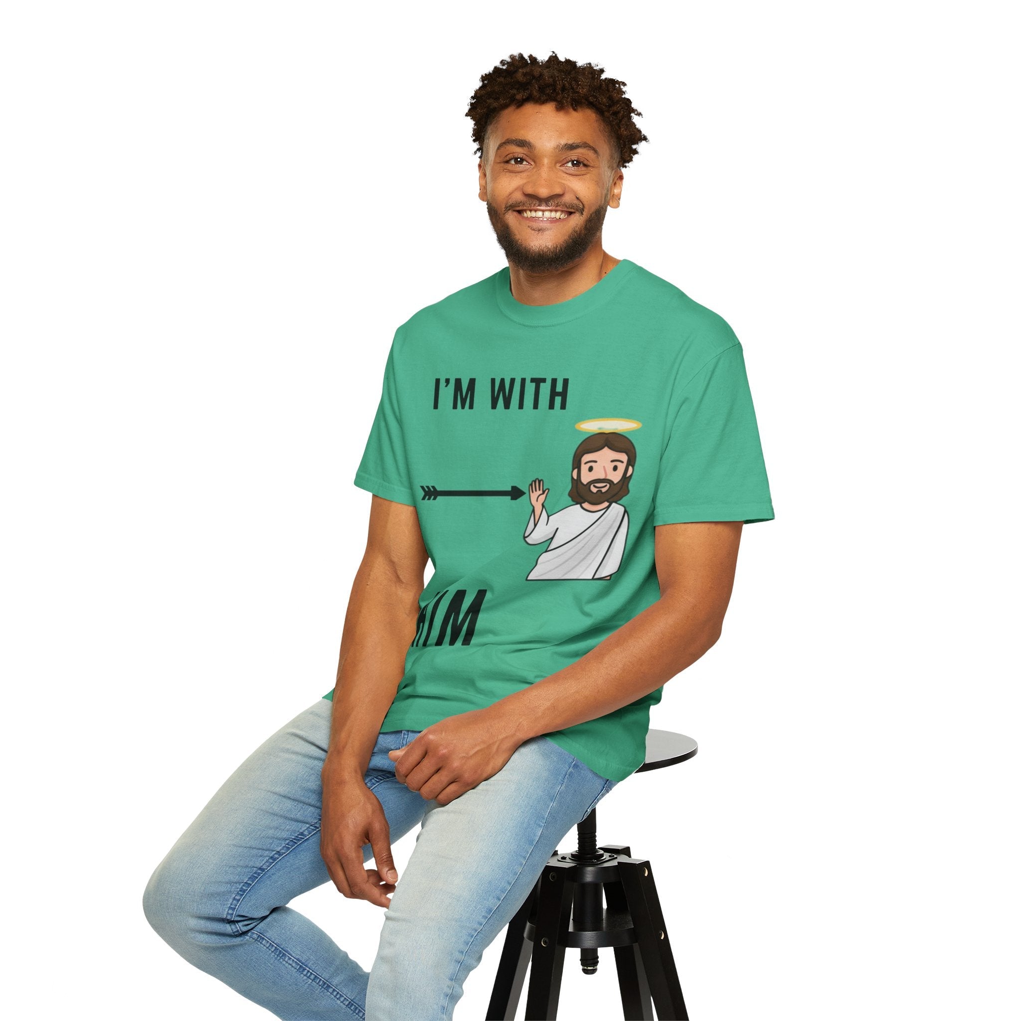 🔥 I’m With Him → Christian T-Shirt | Arrow Pointing to Jesus | Minimalist Faith Tee | Subtle Cross Design | Bible-Inspired Apparel by Uplifted Gear Printify