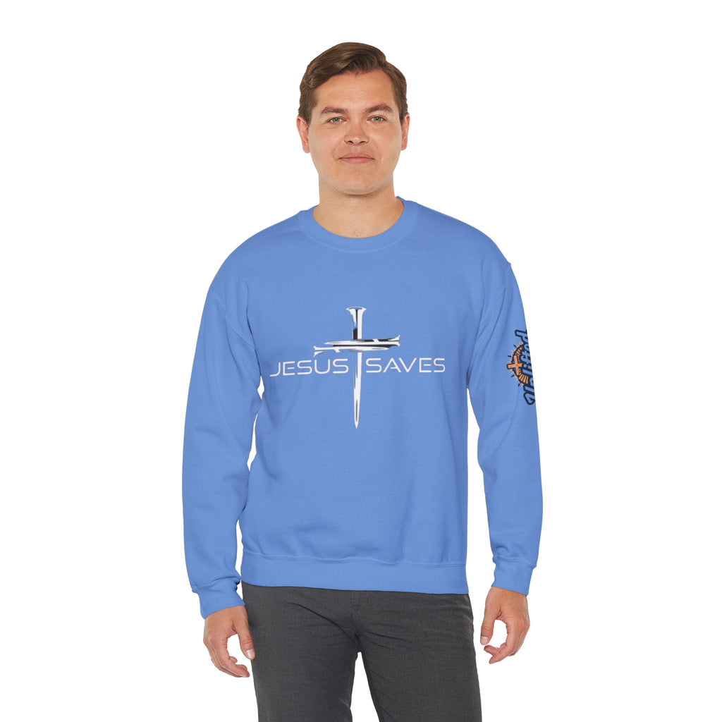 Jesus Saves Sweatshirt – 3 Nails Crucifix Cross Christian Sweatshirt for Redemption Faith & Bold Salvation Printify