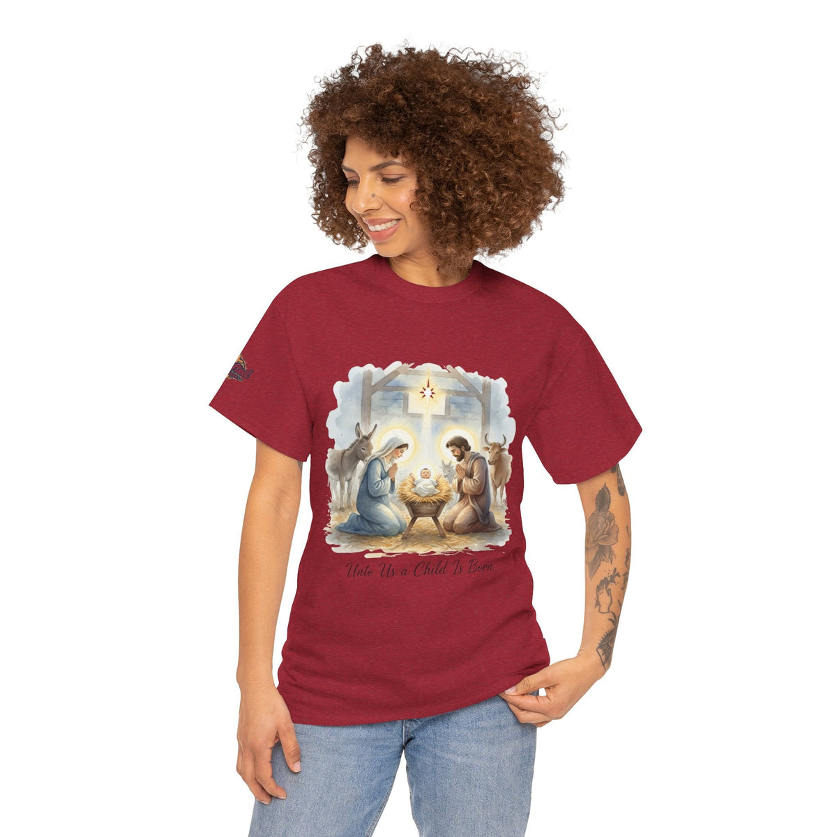 Unto Us a Child is Born T-shirt – Isaiah 9:6 Nativity Manger Scene Christian Christmas T-shirt for Holy Night Faith Printify