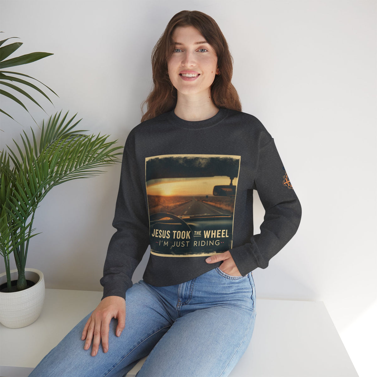 Jesus Took the Wheel I'm Just Riding Sweatshirt – Funny Christian Convertible Car Sweatshirt for Surrendered Faith & Humor
