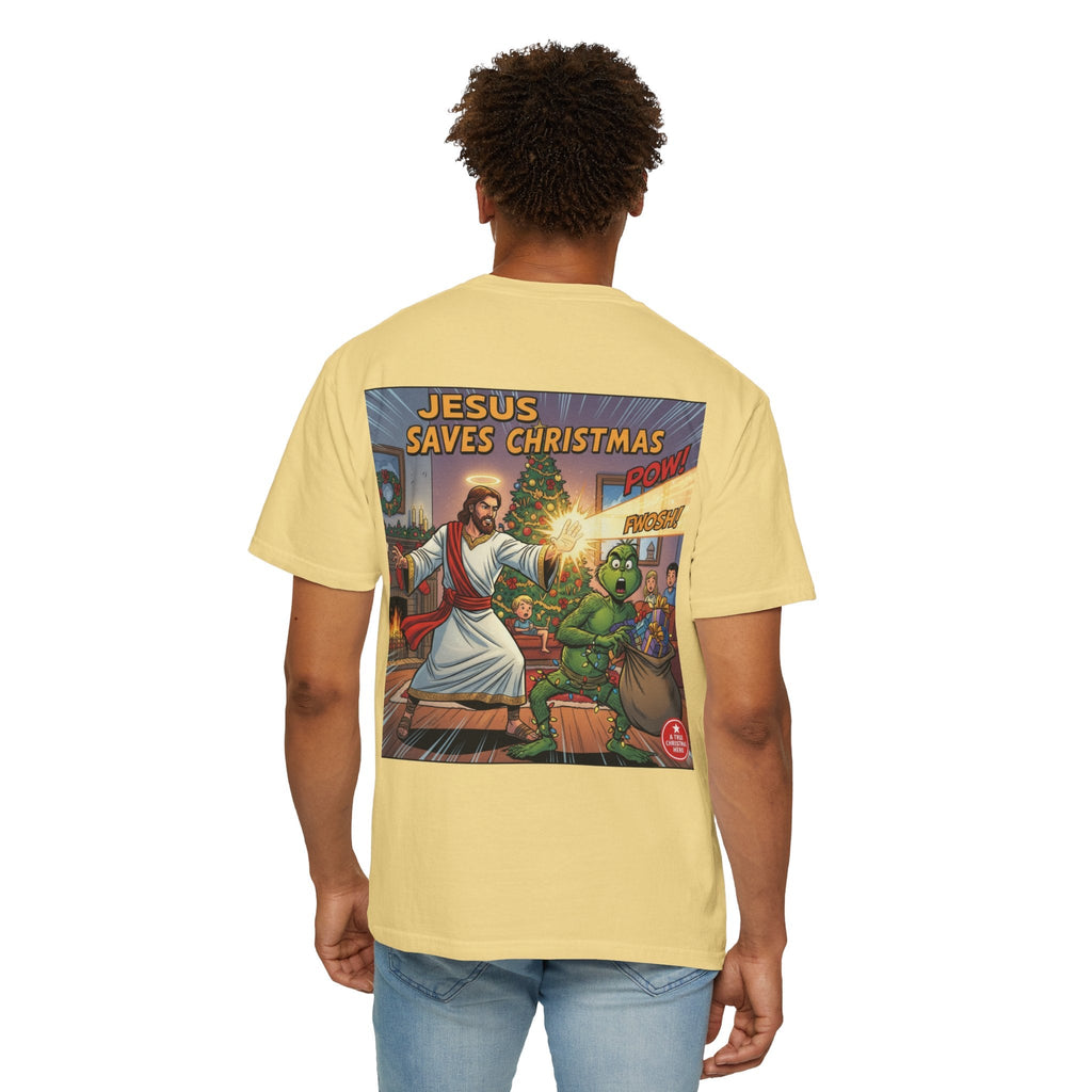 Jesus Saves Christmas T-shirt – Grinch vs Savior Light Battle Christian T-shirt for Hilarious Holiday Faith & True Joy Printify