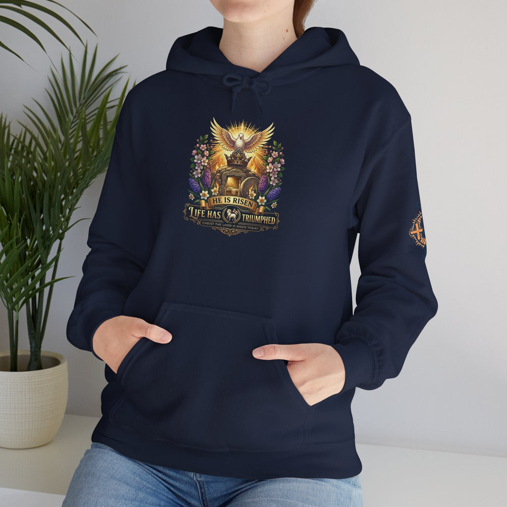 He Is Risen "Life Has Triumphed" Hoodie — Easter Resurrection Christian Hoodie Printify