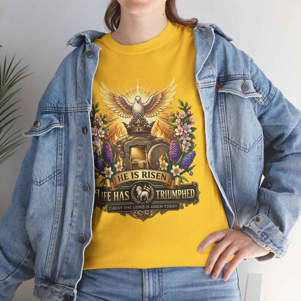 He Is Risen "Life Has Triumphed" T-Shirt — Easter Resurrection Christian Tee Printify