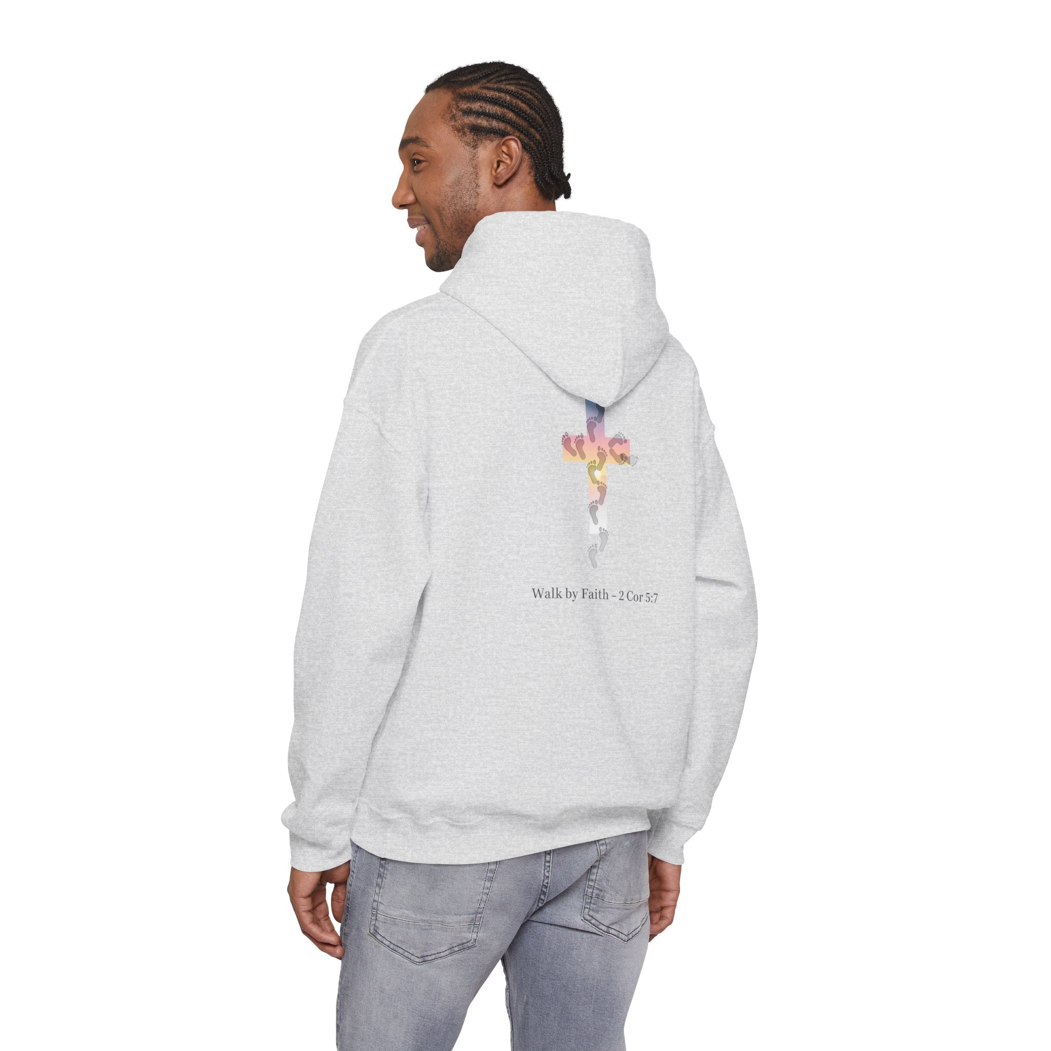 Walk by Faith Hoodie – Cross & Footprints Christian Hoodie for Cozy Inspiration Printify