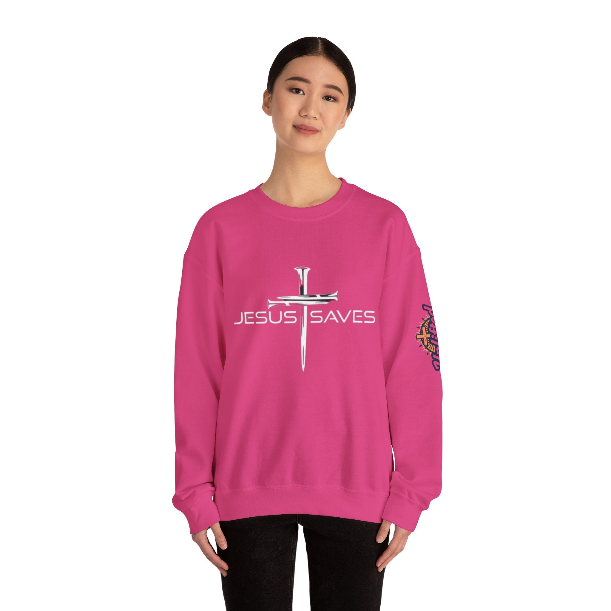 Jesus Saves Sweatshirt – 3 Nails Crucifix Cross Christian Sweatshirt for Redemption Faith & Bold Salvation Printify