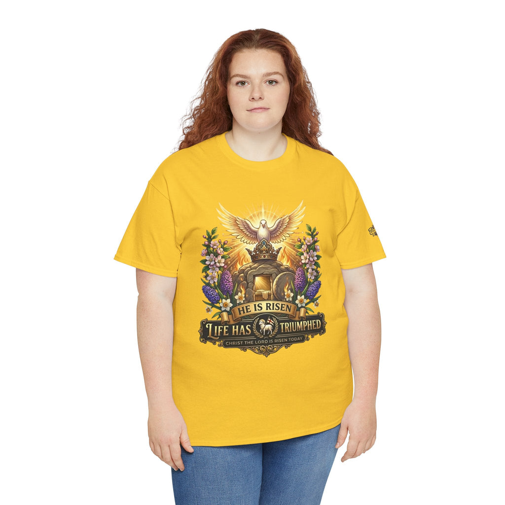 He Is Risen "Life Has Triumphed" T-Shirt — Easter Resurrection Christian Tee Printify