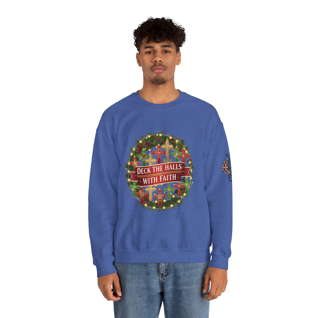 🎄 Deck the Halls with Faith – Christian Christmas Sweatshirt | Cross Ornament Design & Festive Garland | Bold Holiday Faith Tee by Uplifted Gear Printify