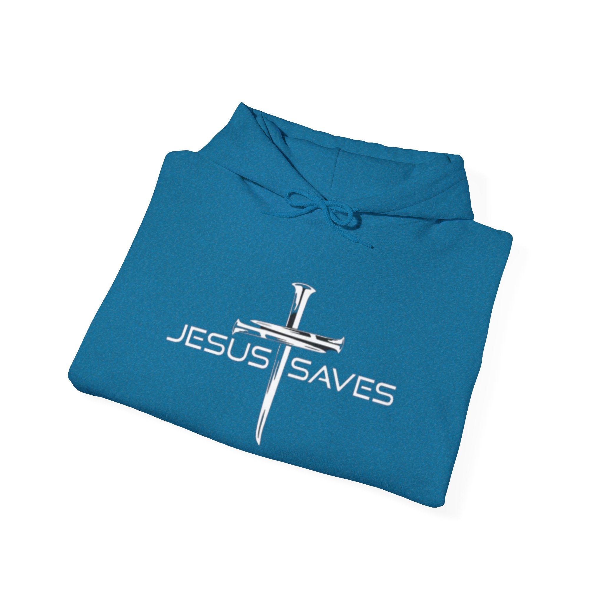 Jesus Saves Hoodie – 3 Nails Crucifix Cross Christian Sweatshirt for Redemption Faith & Bold Salvation Printify