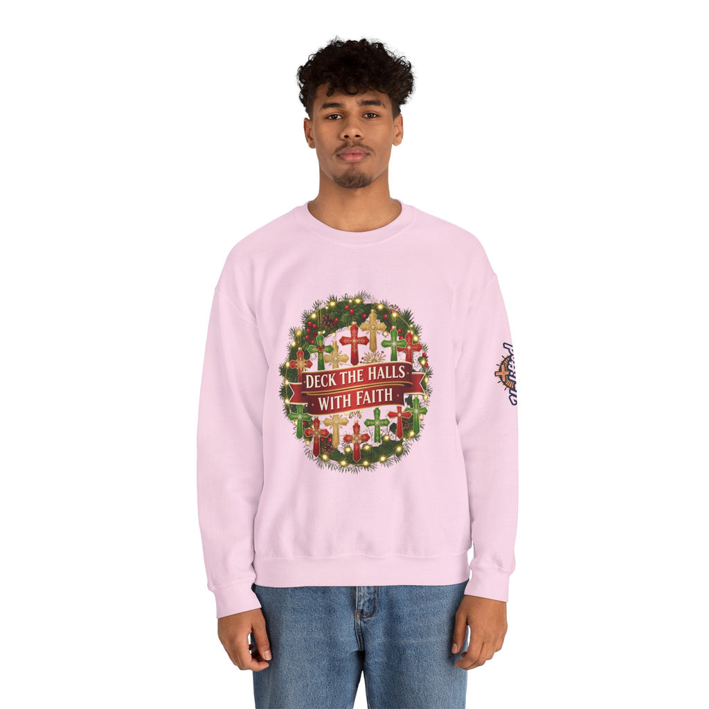 🎄 Deck the Halls with Faith – Christian Christmas Sweatshirt | Cross Ornament Design & Festive Garland | Bold Holiday Faith Tee by Uplifted Gear Printify