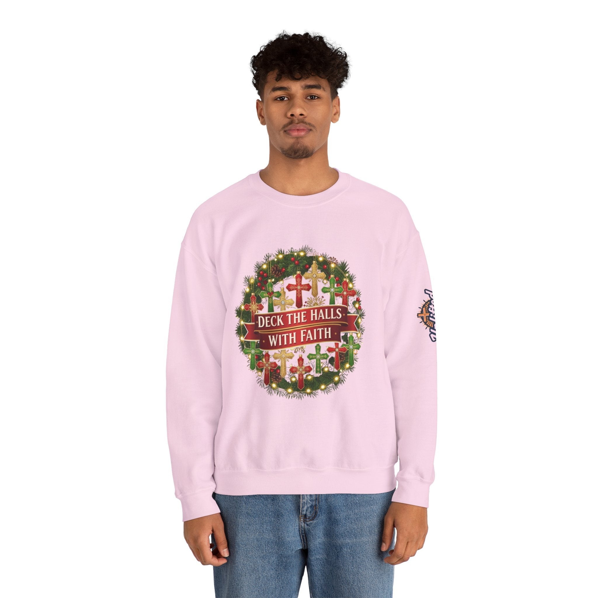 🎄 Deck the Halls with Faith – Christian Christmas Sweatshirt | Cross Ornament Design & Festive Garland | Bold Holiday Faith Tee by Uplifted Gear Printify