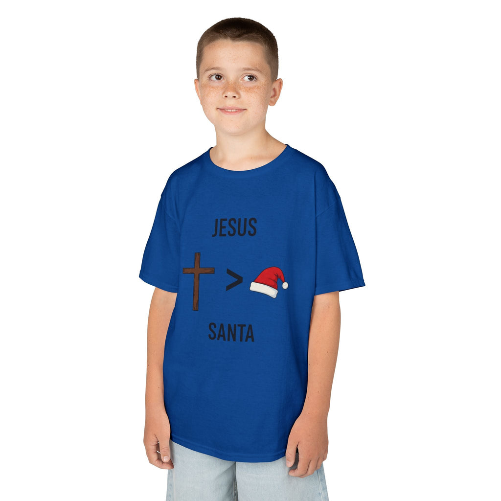 🎄 Jesus > Santa – Minimalist Christian Christmas Kids T-Shirt | Bold Faith Over Holiday Tee | Cross vs Santa Hat Design | Uplifted Gear Printify